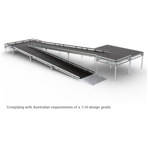 Wheelchair Ramp to suit 600mm High Stage. 7580mm long x 1000mm wide with 14:1 Gradient. Compliant with Australian Standards