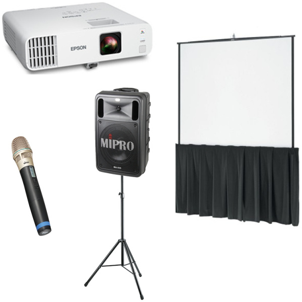 Dalite, 6FT / 1830mm Tripod Projection Screen, Epson 4600 Lumen Laser projector & Portable PA with 1 x Handheld Wireless microphone