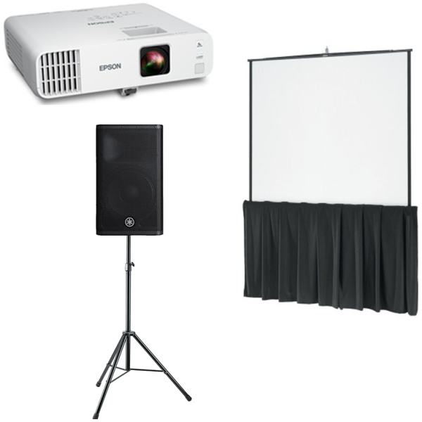 Dalite, 8FT / 2440mm Tripod Projection Screen, Epson 4600 Lumen Laser projector & Powered Speaker